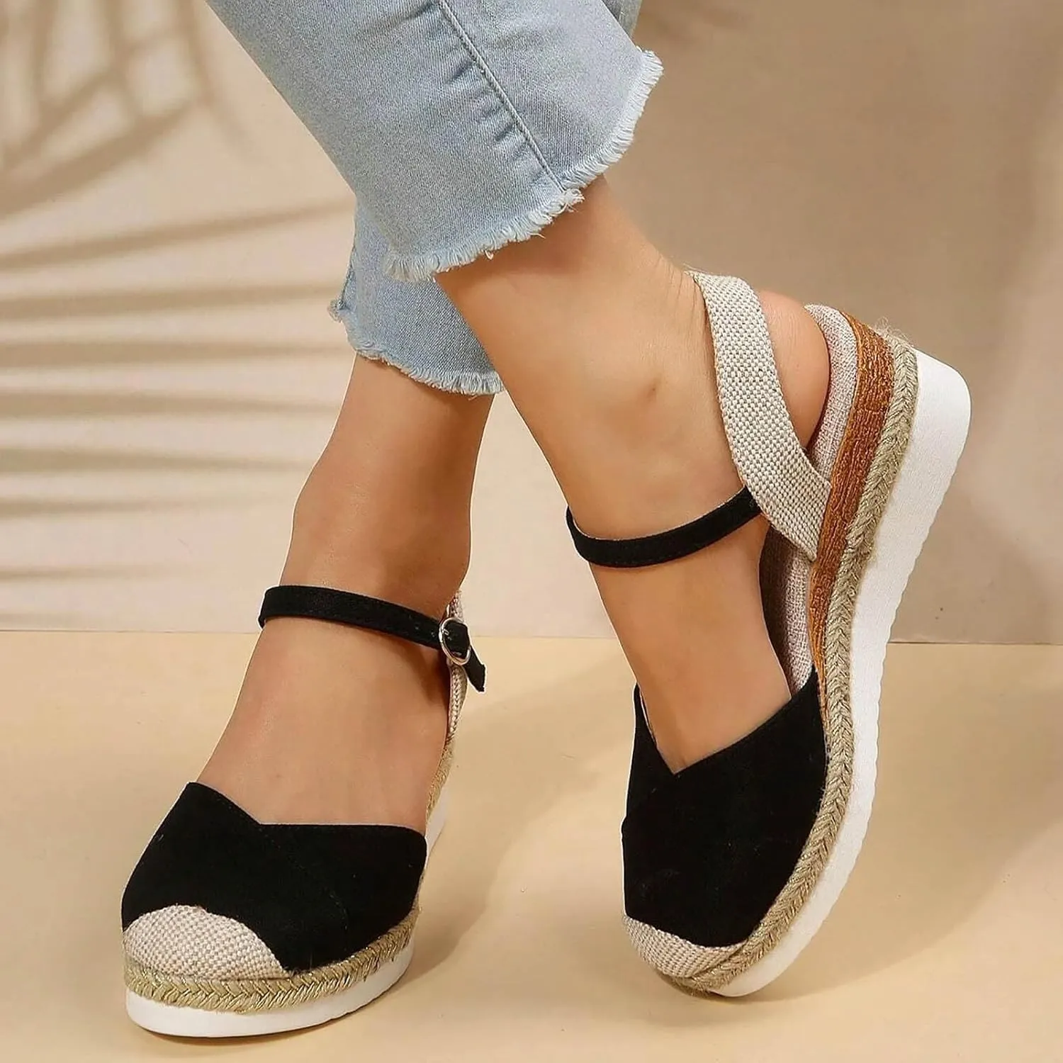 AMDBEL Summer Sandals for Women 2024 Trendy Sandals Women Closed Toe Espadrilles Flatform Wedge Sandal Buckle Ankle Strap