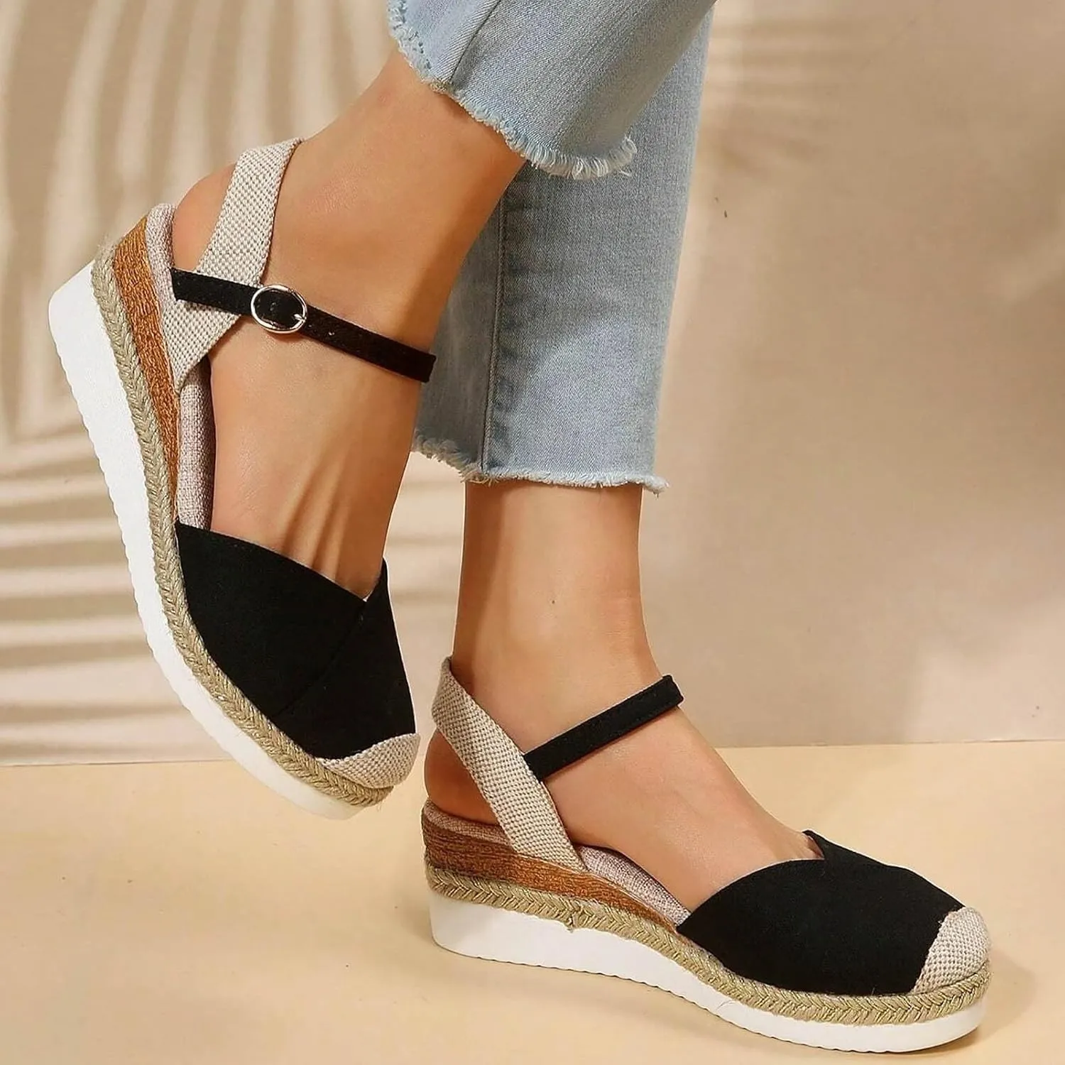 AMDBEL Summer Sandals for Women 2024 Trendy Sandals Women Closed Toe Espadrilles Flatform Wedge Sandal Buckle Ankle Strap