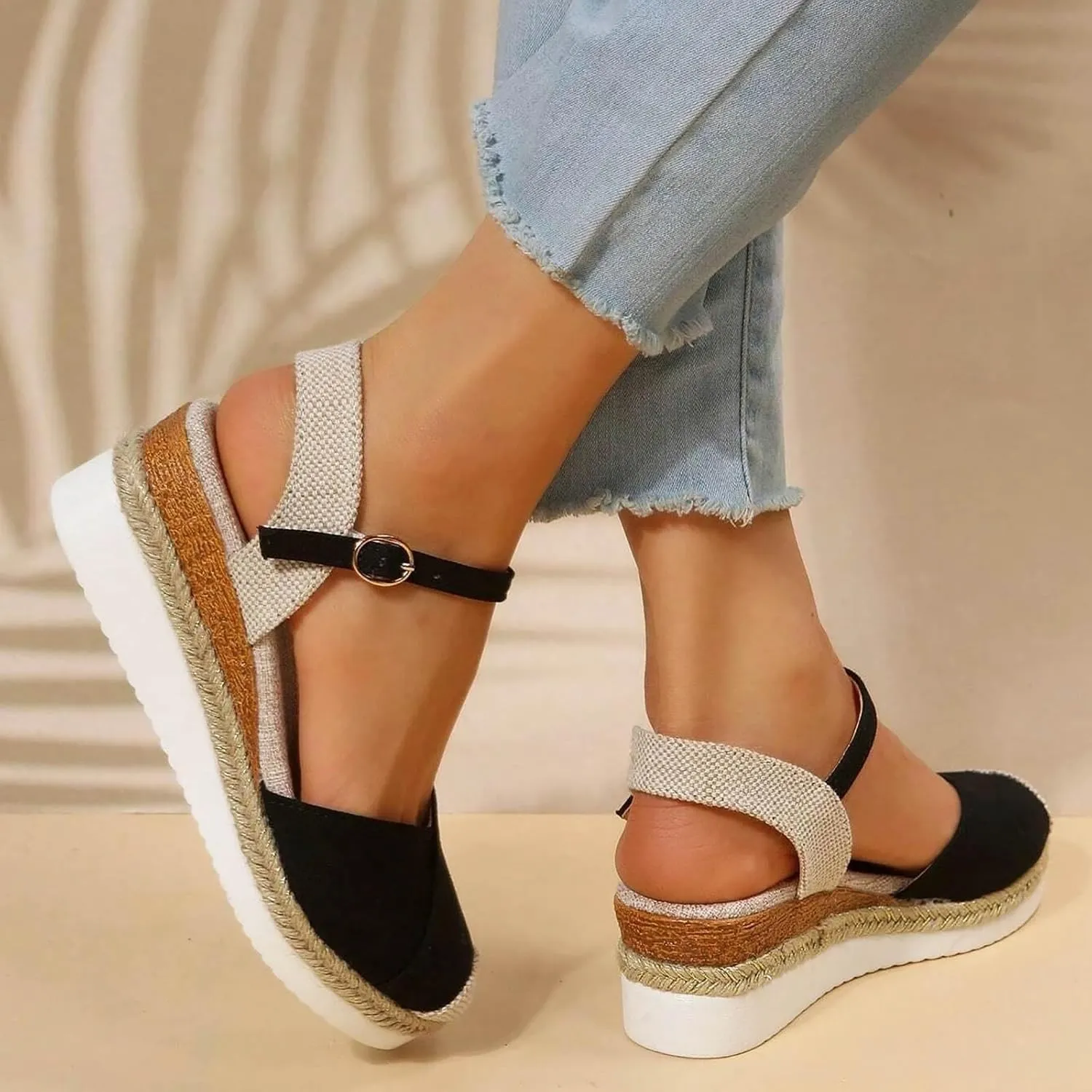 AMDBEL Summer Sandals for Women 2024 Trendy Sandals Women Closed Toe Espadrilles Flatform Wedge Sandal Buckle Ankle Strap