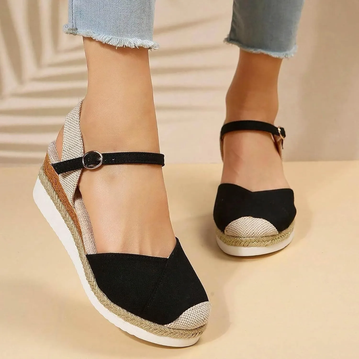 AMDBEL Summer Sandals for Women 2024 Trendy Sandals Women Closed Toe Espadrilles Flatform Wedge Sandal Buckle Ankle Strap
