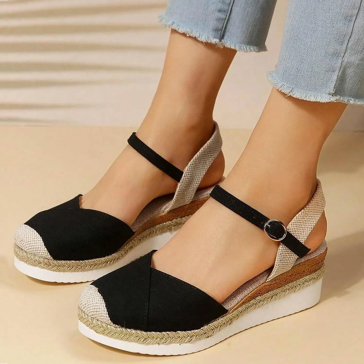 AMDBEL Summer Sandals for Women 2024 Trendy Sandals Women Closed Toe Espadrilles Flatform Wedge Sandal Buckle Ankle Strap