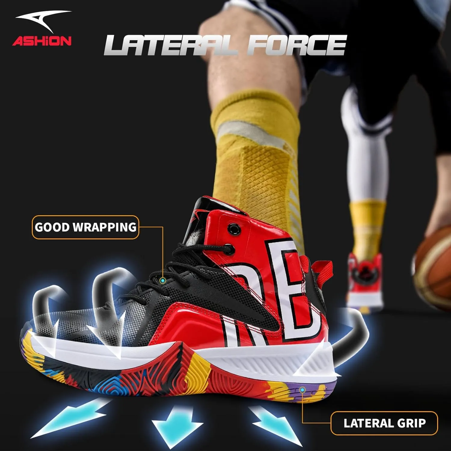 ASHION Mens Basketball Shoes Lightweight Breathable Sneakers Anti Slip Sports Shoes for Running Walking Mid Top Sneakers