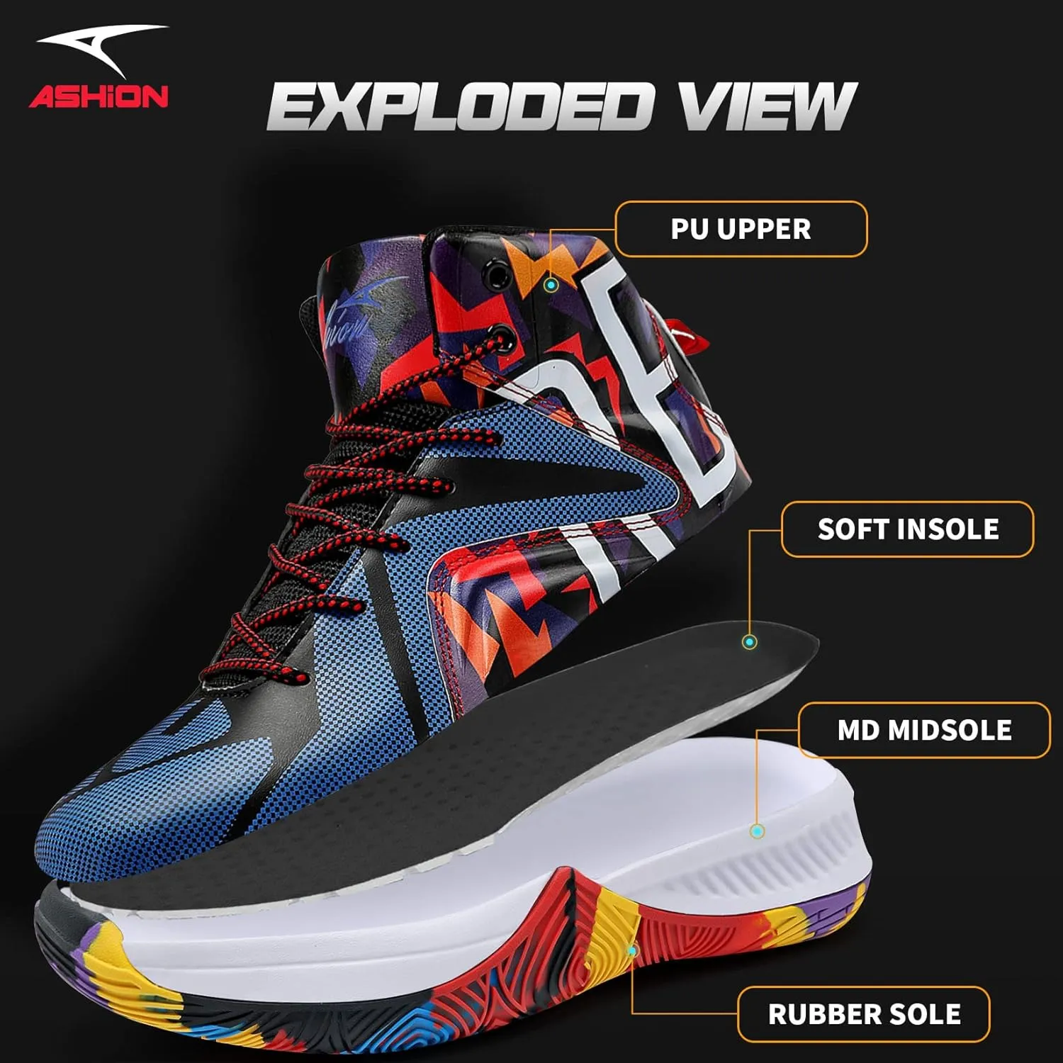 ASHION Mens Basketball Shoes Lightweight Breathable Sneakers Anti Slip Sports Shoes for Running Walking Mid Top Sneakers