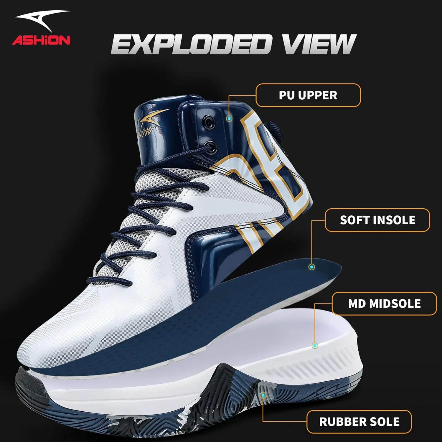 ASHION Mens Basketball Shoes Lightweight Breathable Sneakers Anti Slip Sports Shoes for Running Walking Mid Top Sneakers