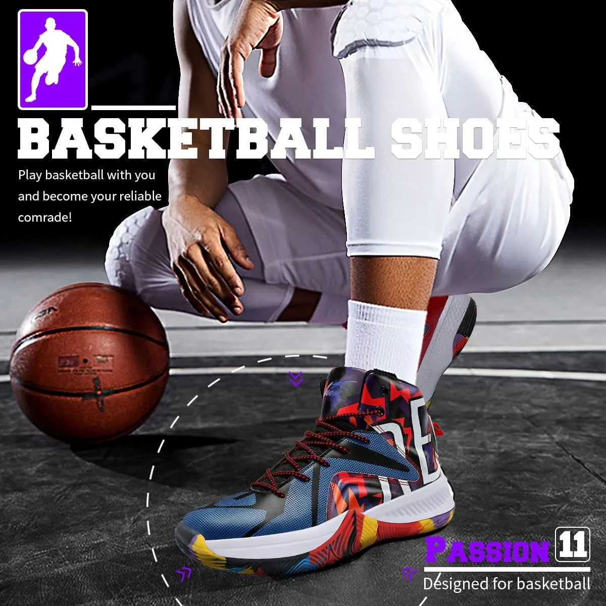 ASHION Mens Basketball Shoes Lightweight Breathable Sneakers Anti Slip Sports Shoes for Running Walking Mid Top Sneakers