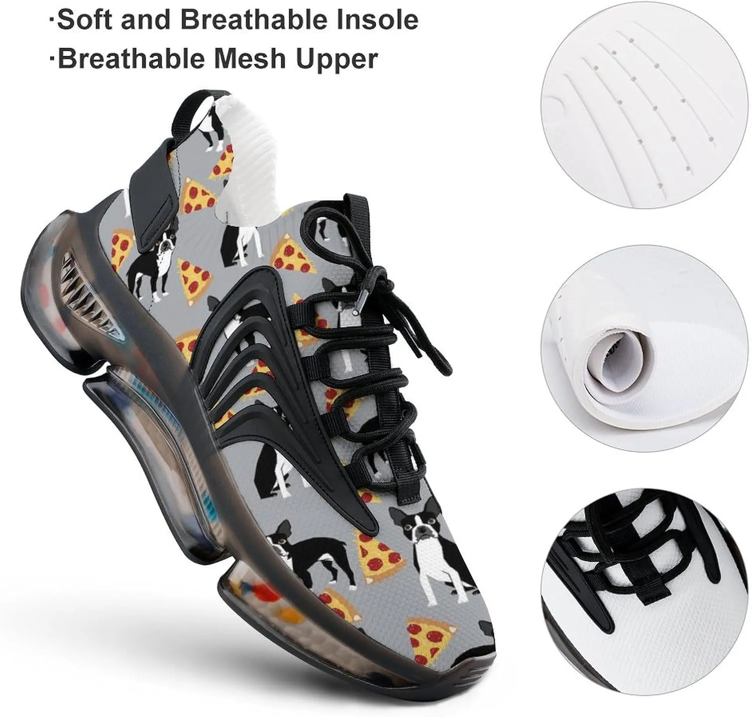 Boston Terrier Dog Pizza Walking Shoes for Men Lightweight Tennis Fashion Elastic Sports Shoes Cushion Basketball Shoes