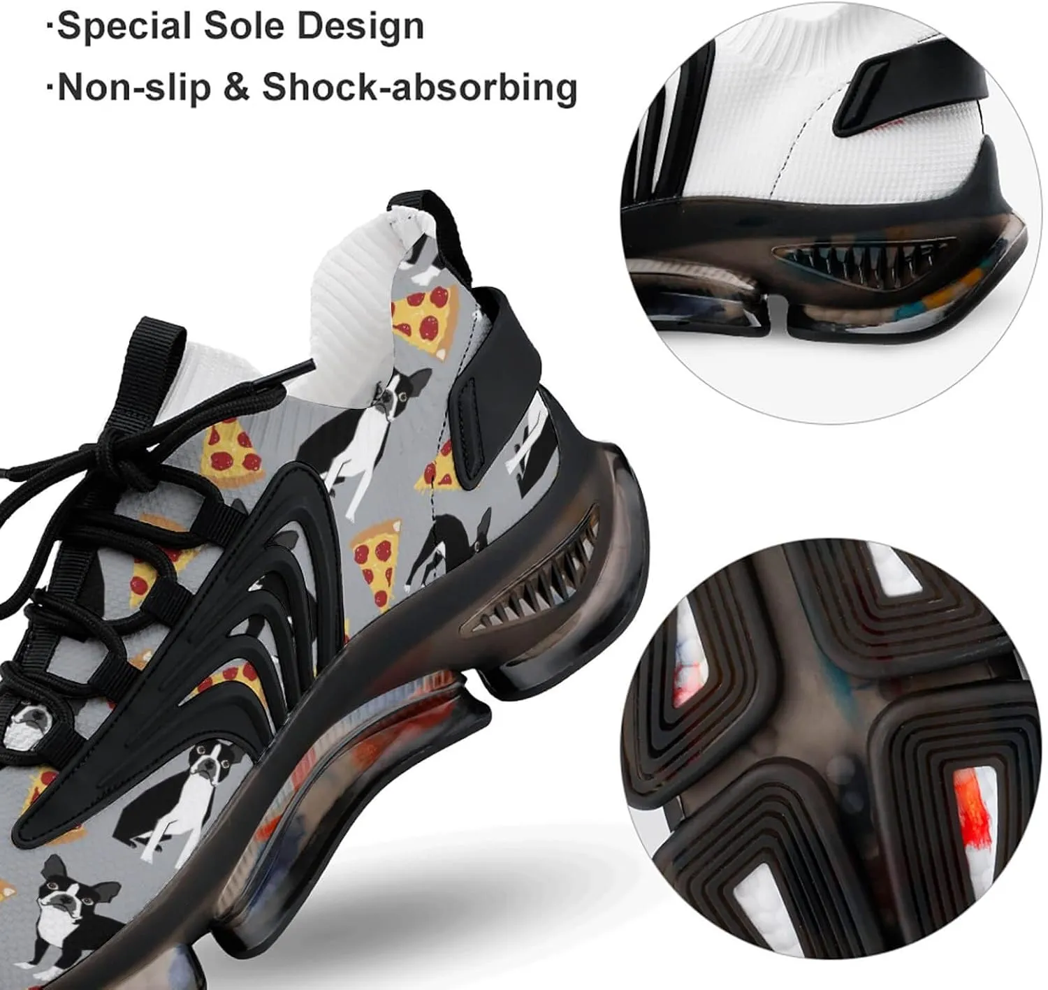 Boston Terrier Dog Pizza Walking Shoes for Men Lightweight Tennis Fashion Elastic Sports Shoes Cushion Basketball Shoes