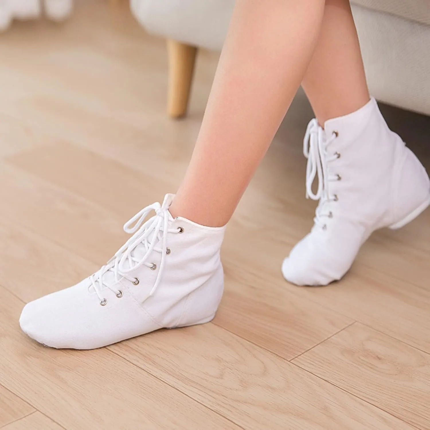 Canvas Jazz Dancing Sneakers Ballet Dance Boots for Girls Boys Split Sole Ballroom Dancing Flat Lace-Up Ankle Boots