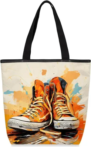 Canvas Tote Bag for Women Men Colorful Skate Shoes Canvas Handbag Shoulder Tote Bag with Zipper Closure Reusable Grocery Bag Shopping Cloth Bag with Handles for Beach Gym Picnic Work