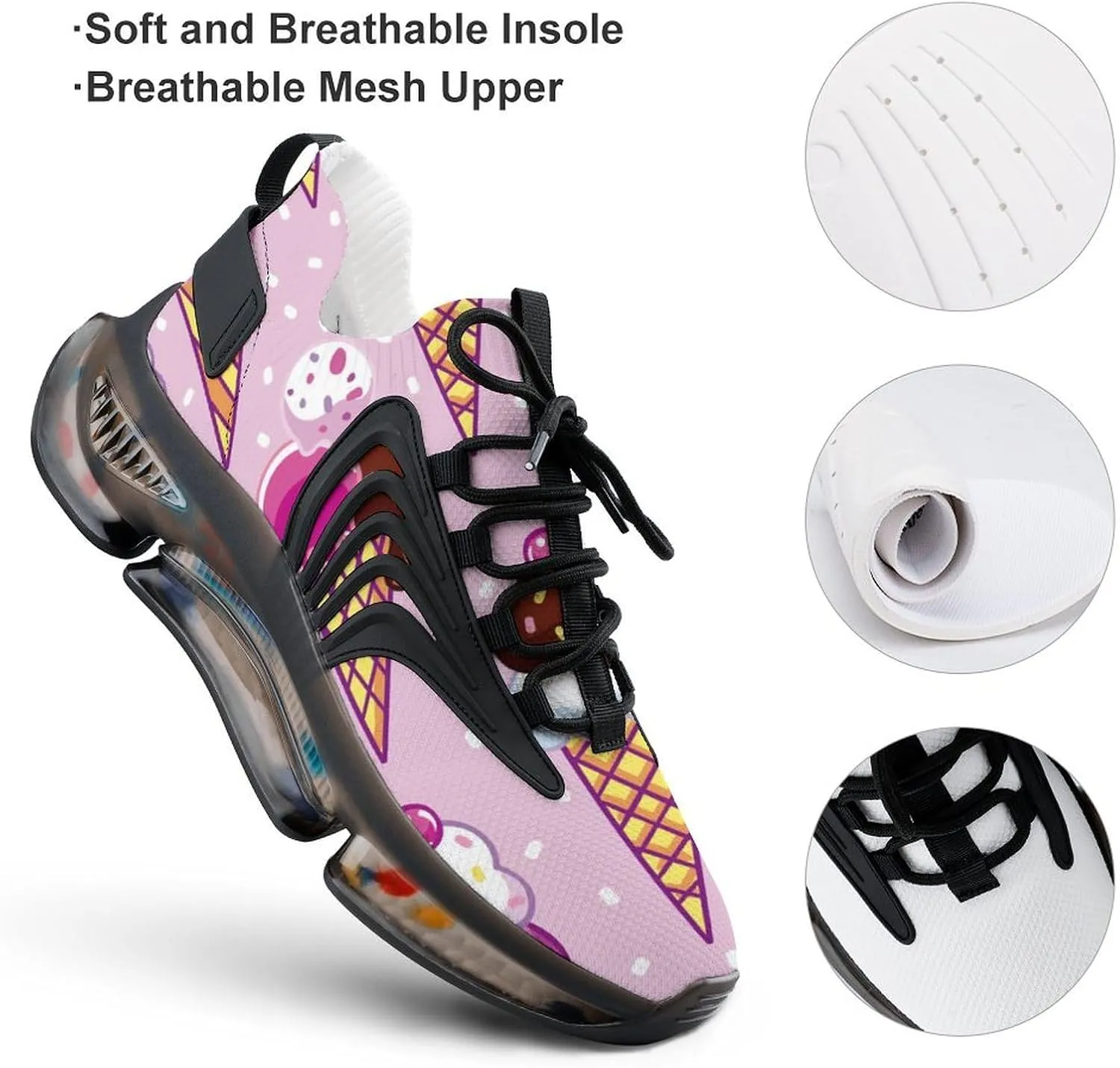 Cute Pop with Ice Cream Walking Shoes for Men Lightweight Tennis Fashion Elastic Sports Shoes Cushion Basketball Shoes