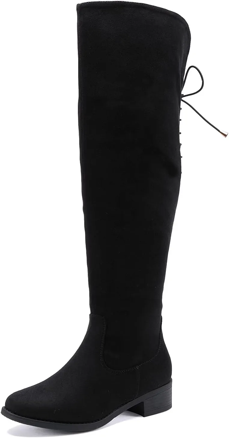 EETTARO Women's Over The Knee Boot Fashion Lace Up Tight High Boots Side Zip Block Heel Riding Booties