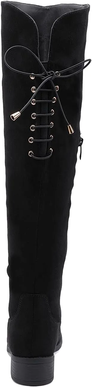 EETTARO Women's Over The Knee Boot Fashion Lace Up Tight High Boots Side Zip Block Heel Riding Booties