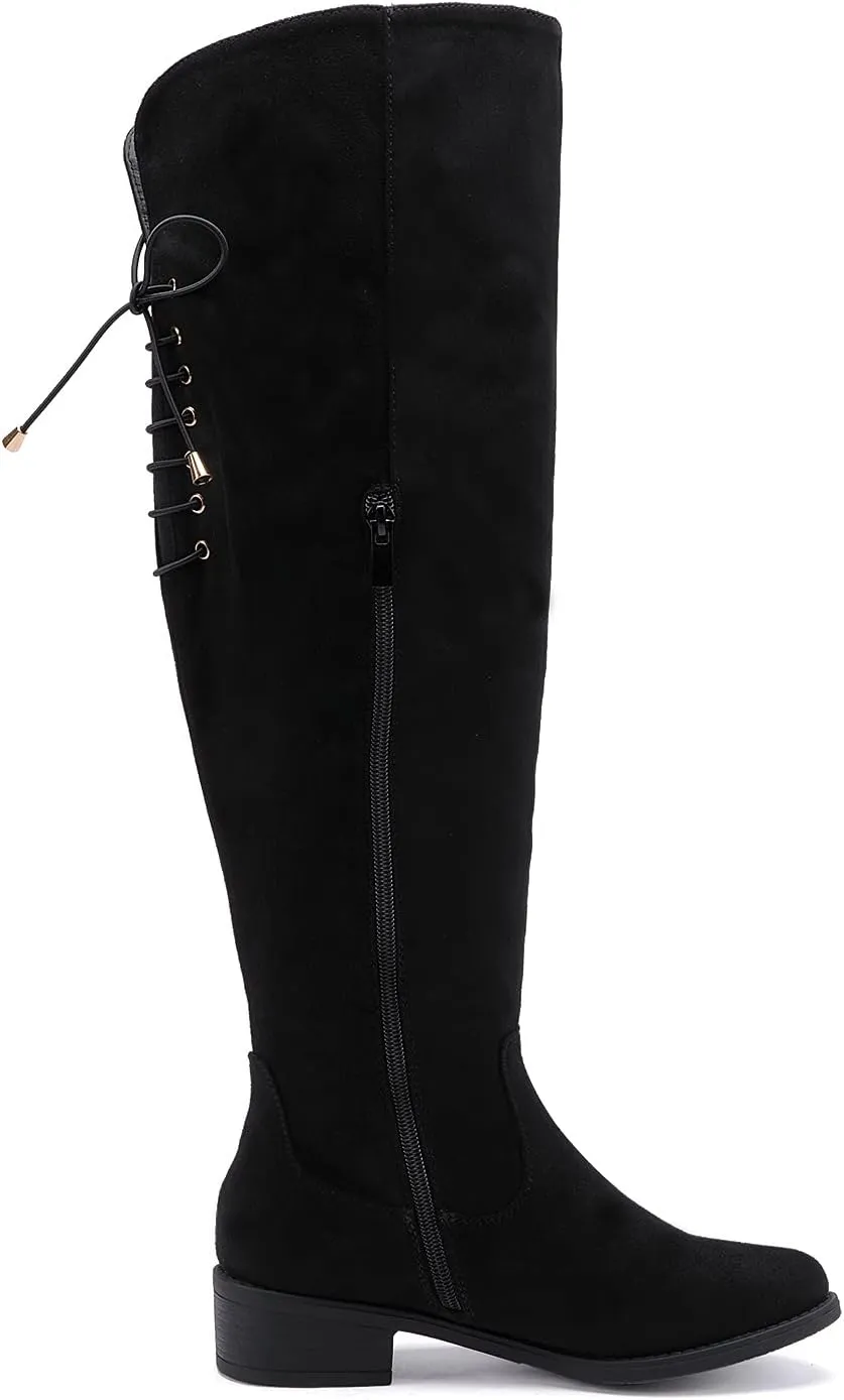EETTARO Women's Over The Knee Boot Fashion Lace Up Tight High Boots Side Zip Block Heel Riding Booties
