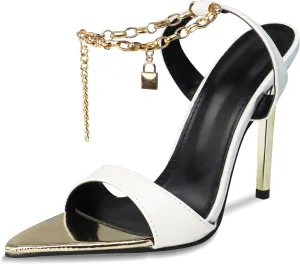 GATUXUS Women's Stiletto High Heels Sandals Pointed Toe Metal Chain Ankle Strap Dress Sandals Shoes