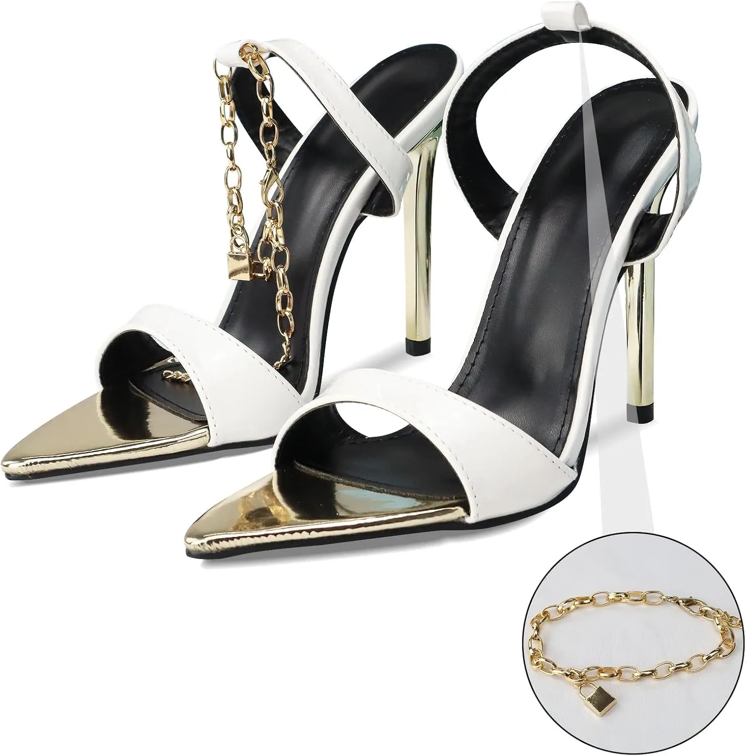 GATUXUS Women's Stiletto High Heels Sandals Pointed Toe Metal Chain Ankle Strap Dress Sandals Shoes