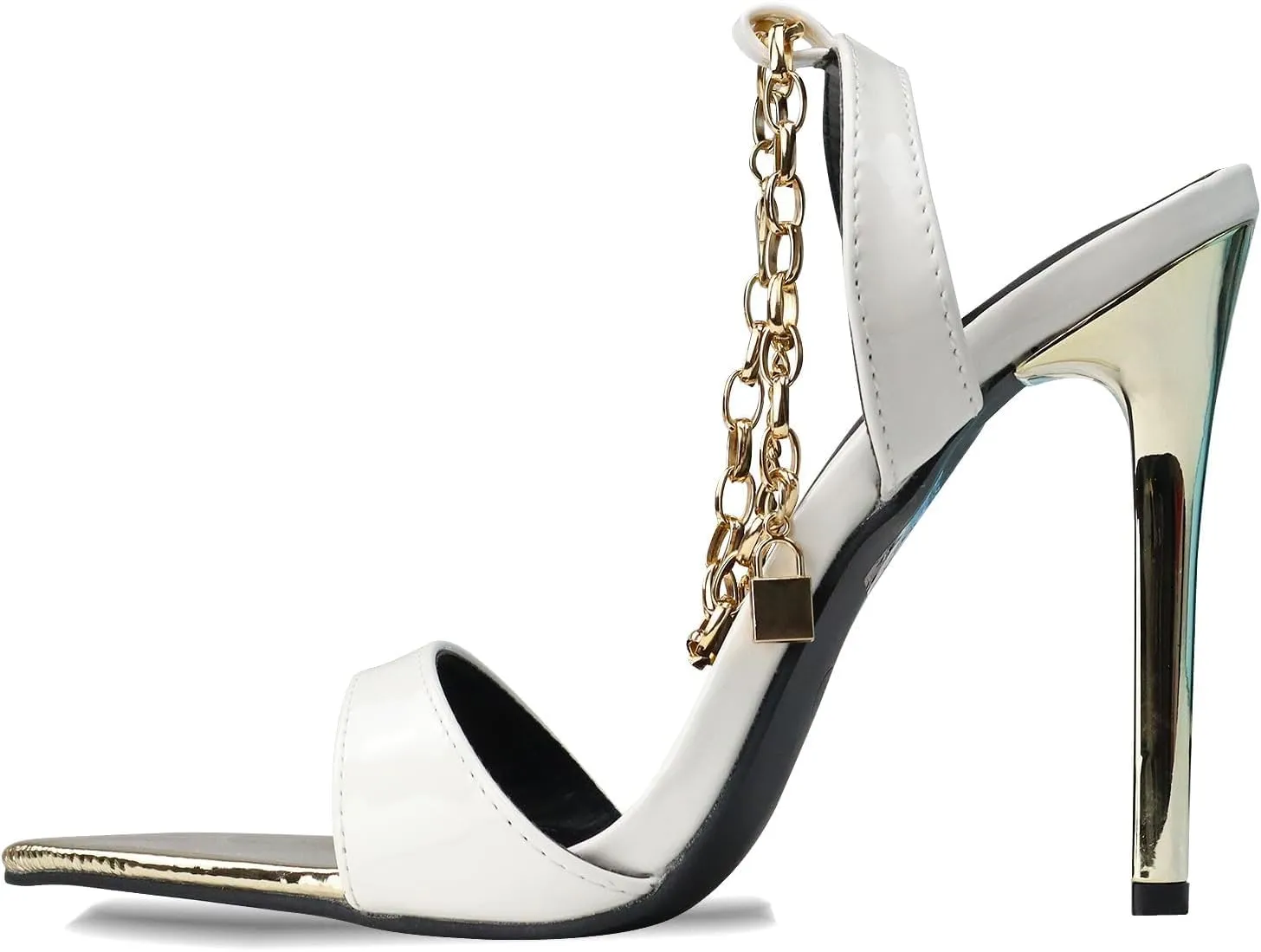 GATUXUS Women's Stiletto High Heels Sandals Pointed Toe Metal Chain Ankle Strap Dress Sandals Shoes