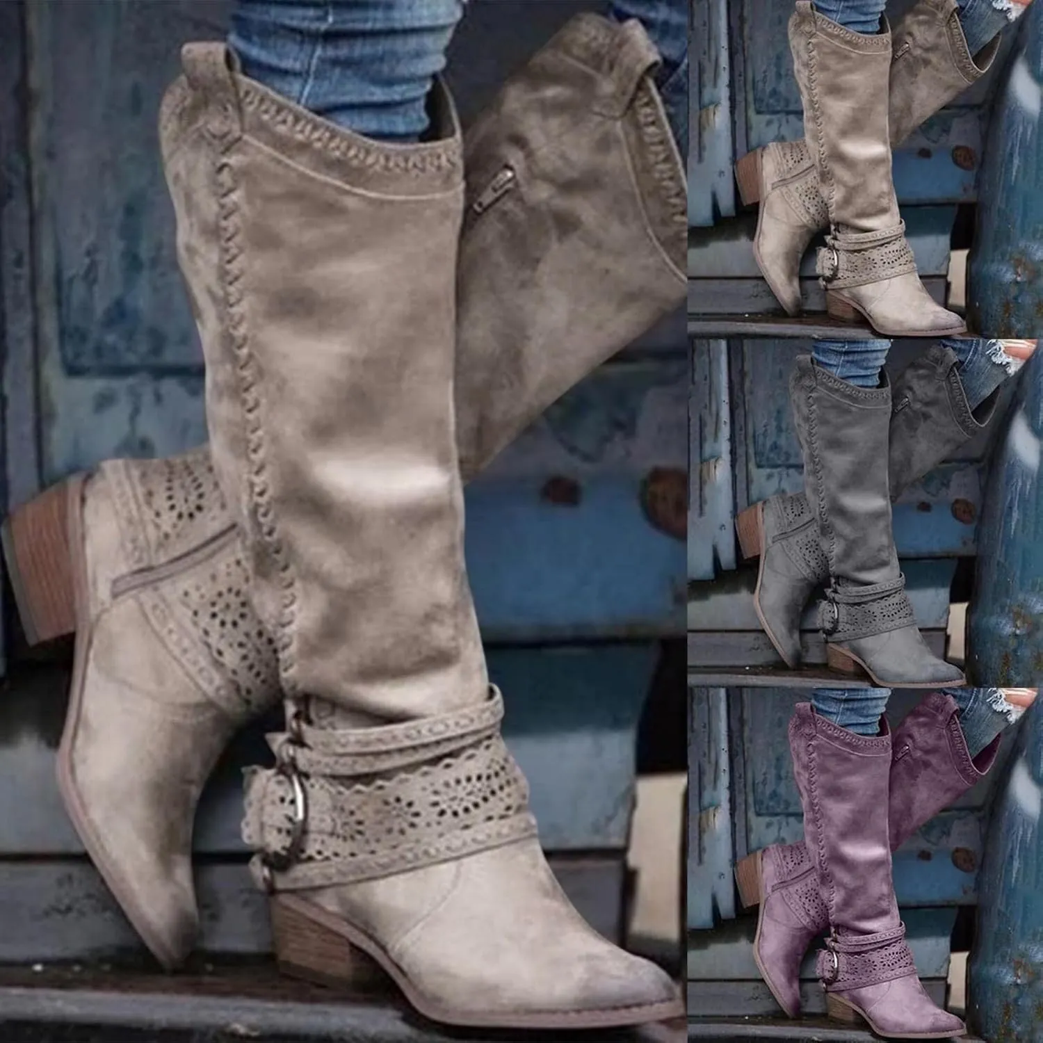 Gibobby Booties for Womens Mid Knee High Boots Chunky Heel Wide Calf Side Zip Fashion Winter Cowboy Booties