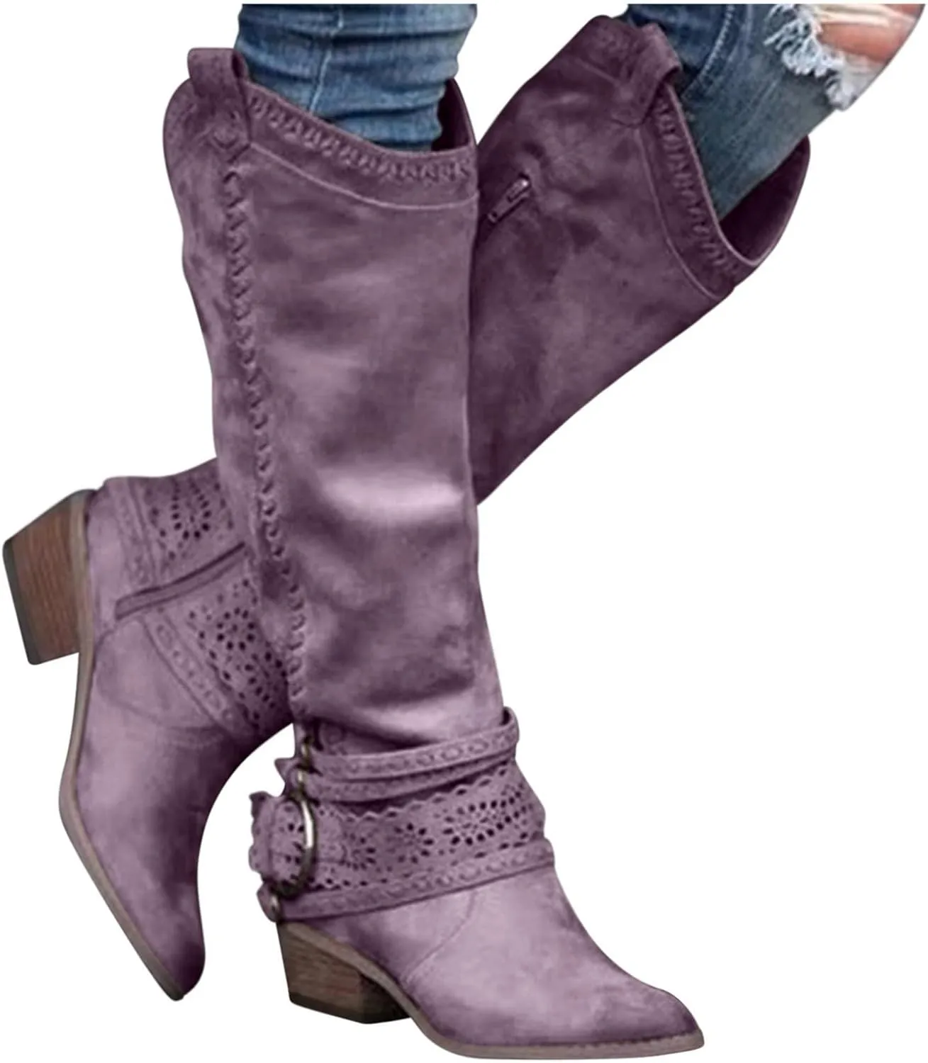 Gibobby Booties for Womens Mid Knee High Boots Chunky Heel Wide Calf Side Zip Fashion Winter Cowboy Booties