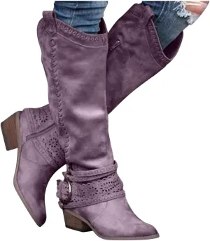 Gibobby Booties for Womens Mid Knee High Boots Chunky Heel Wide Calf Side Zip Fashion Winter Cowboy Booties