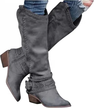 Gibobby Snow Boots for Women Mid Knee High Boots Chunky Heel Wide Calf Side Zip Fashion Winter Cowboy Booties