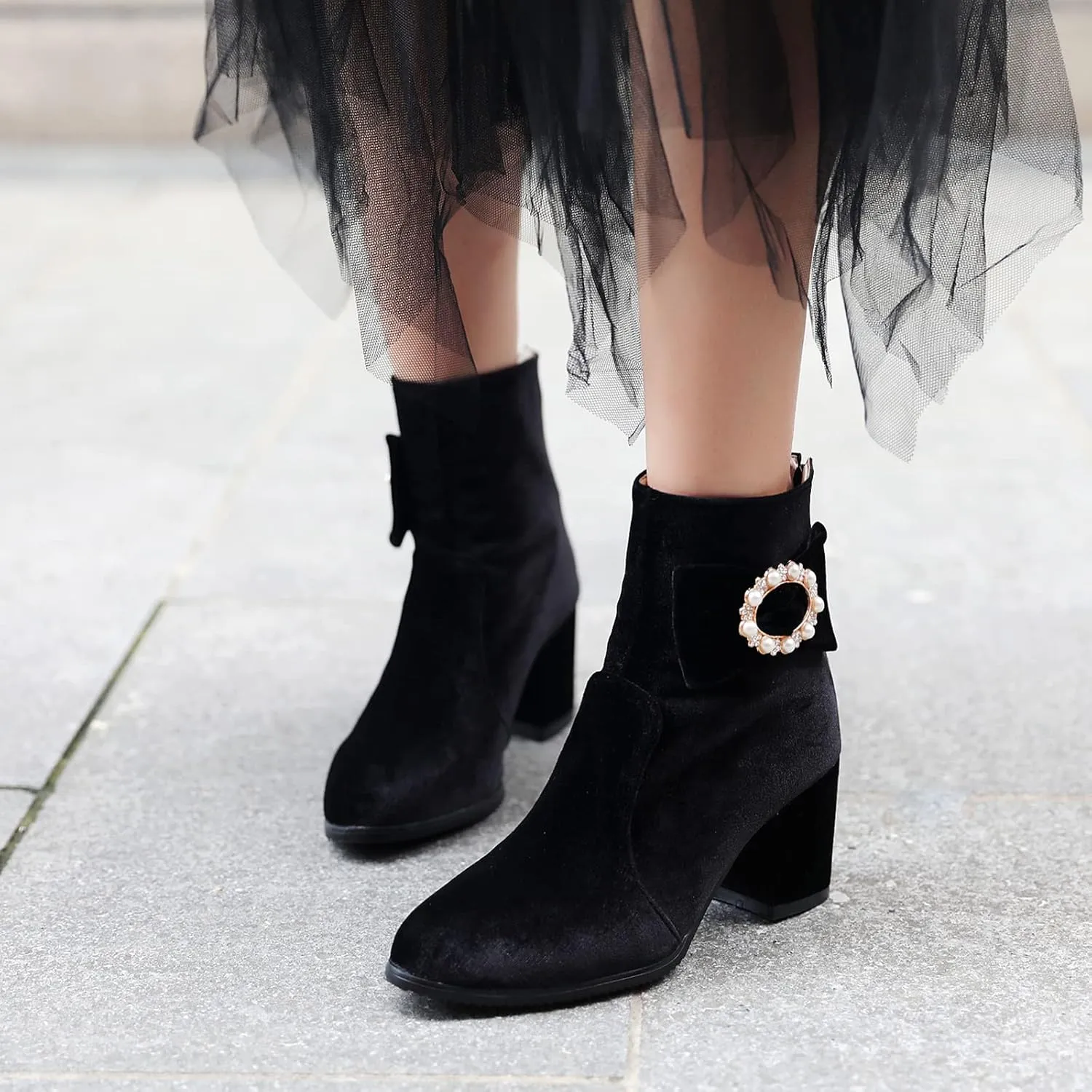 Gicoiz Women Round Toe Block Heels Winter Chelsea Boots