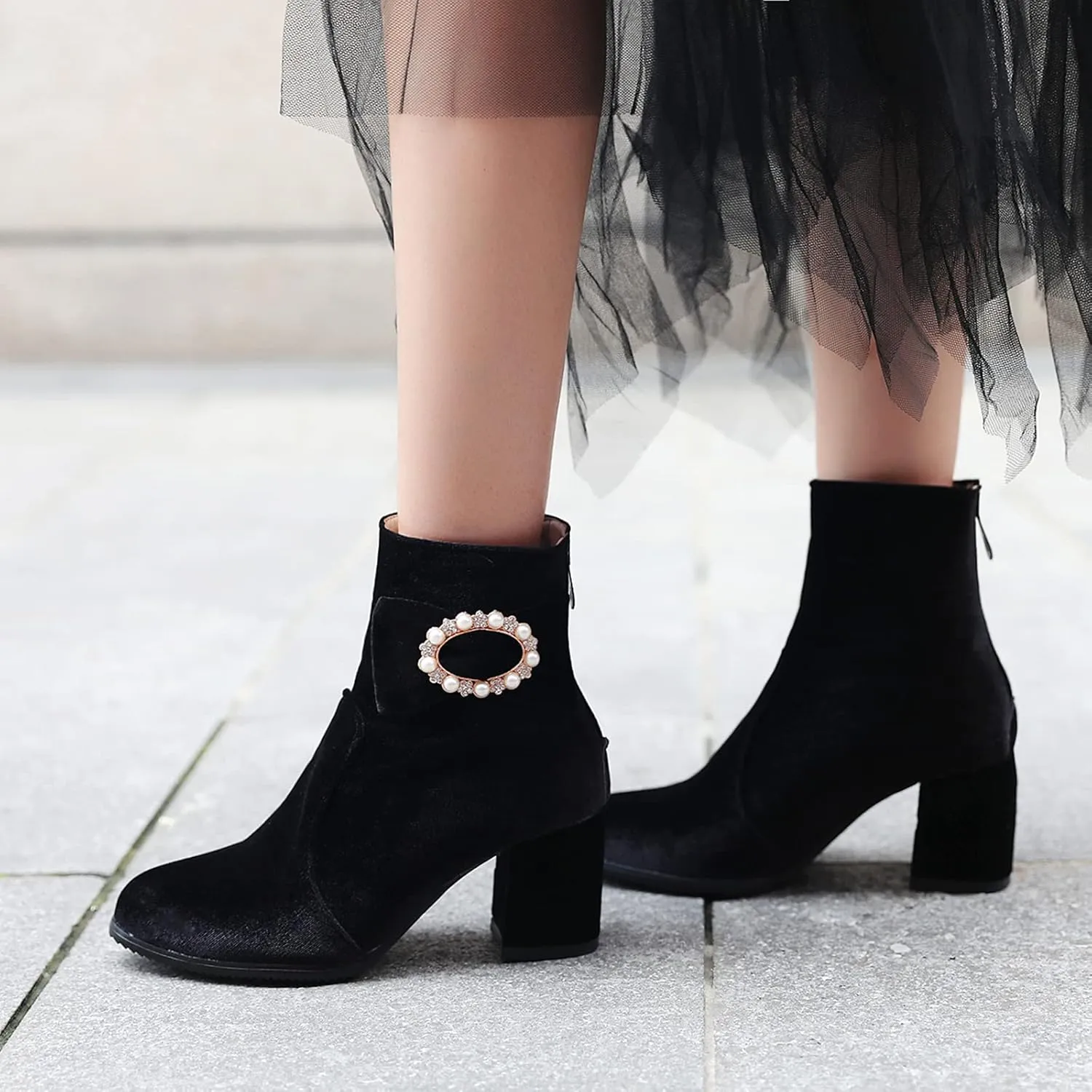 Gicoiz Women Round Toe Block Heels Winter Chelsea Boots