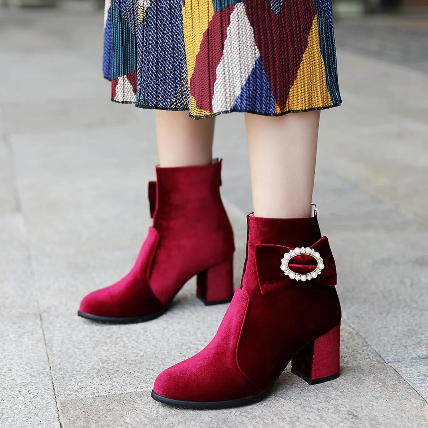Gicoiz Women Round Toe Block Heels Winter Chelsea Boots