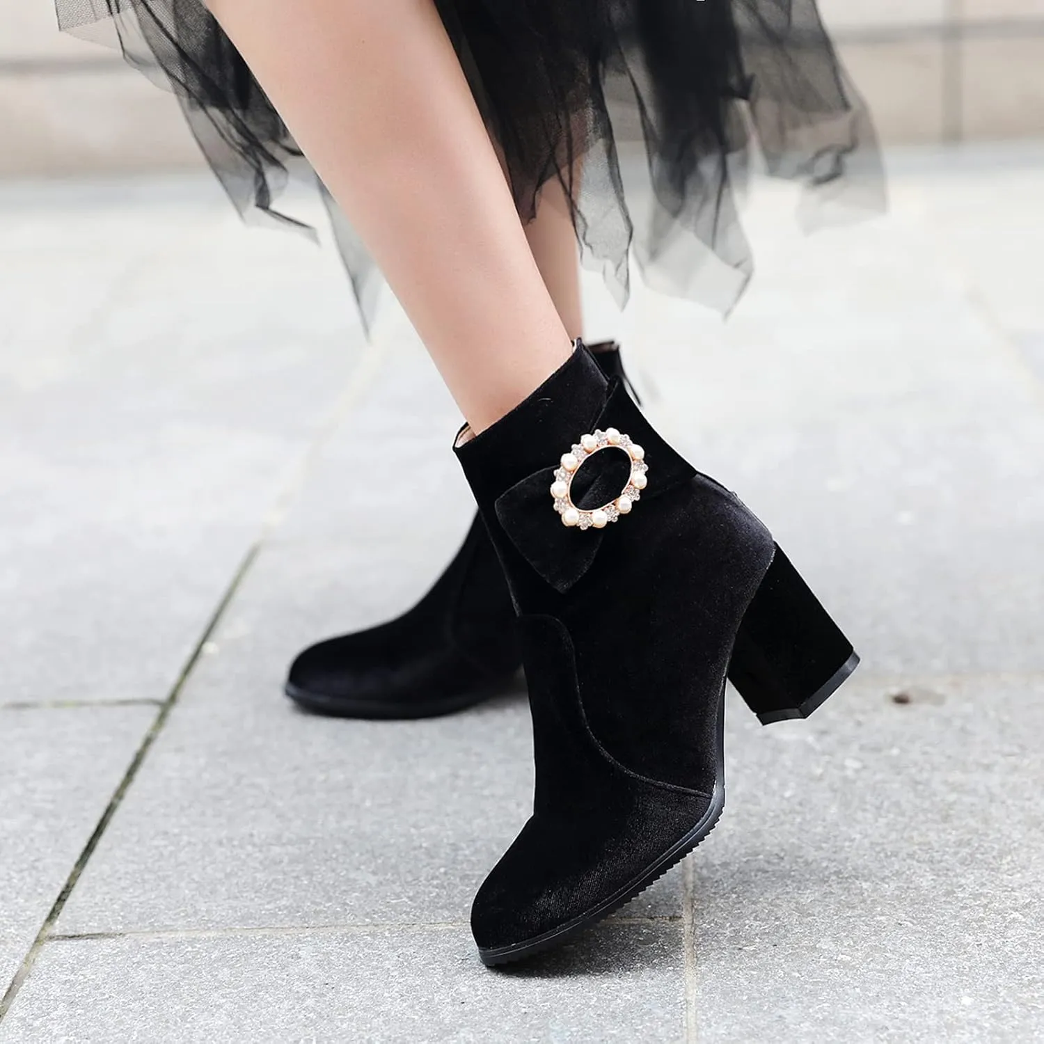 Gicoiz Women Round Toe Block Heels Winter Chelsea Boots