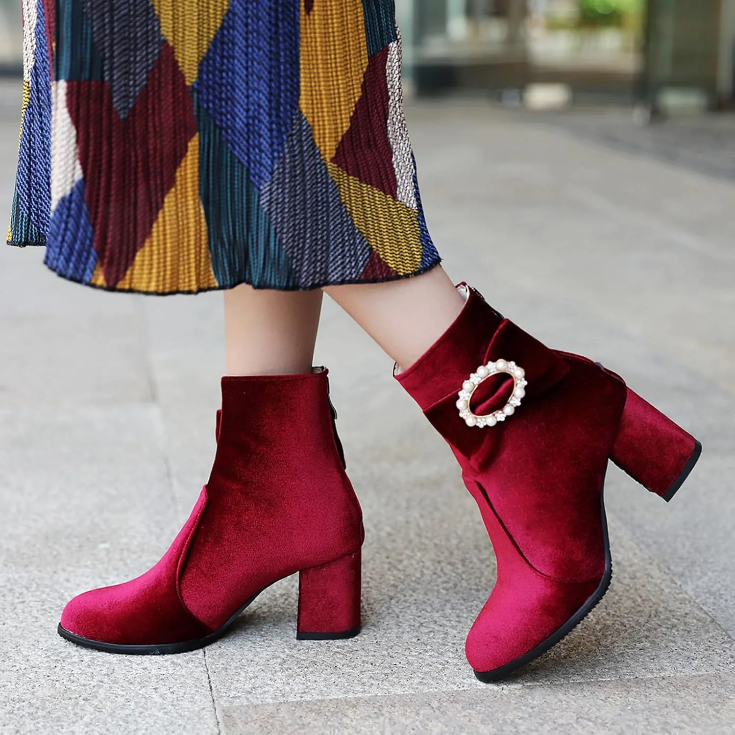 Gicoiz Women Round Toe Block Heels Winter Chelsea Boots