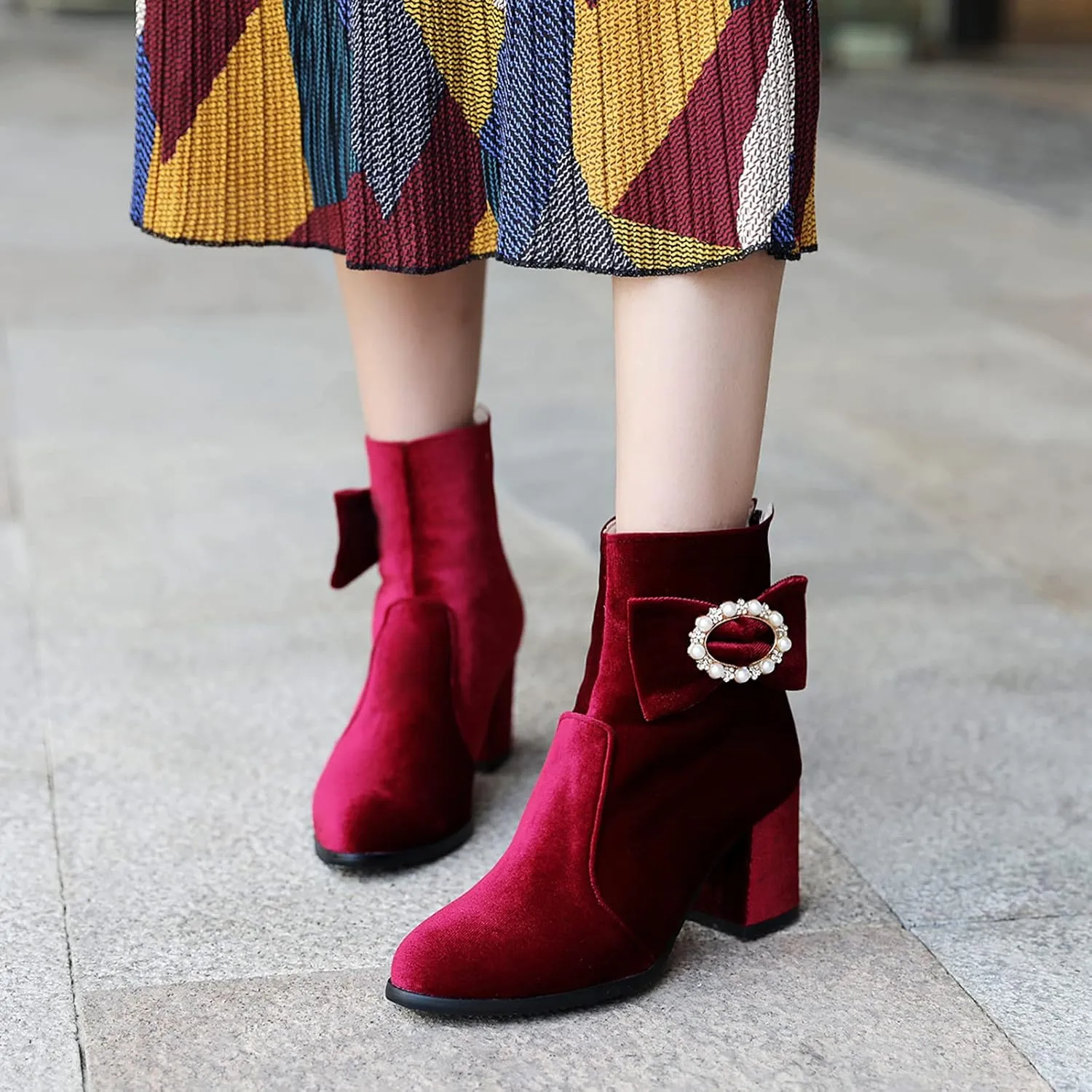 Gicoiz Women Round Toe Block Heels Winter Chelsea Boots