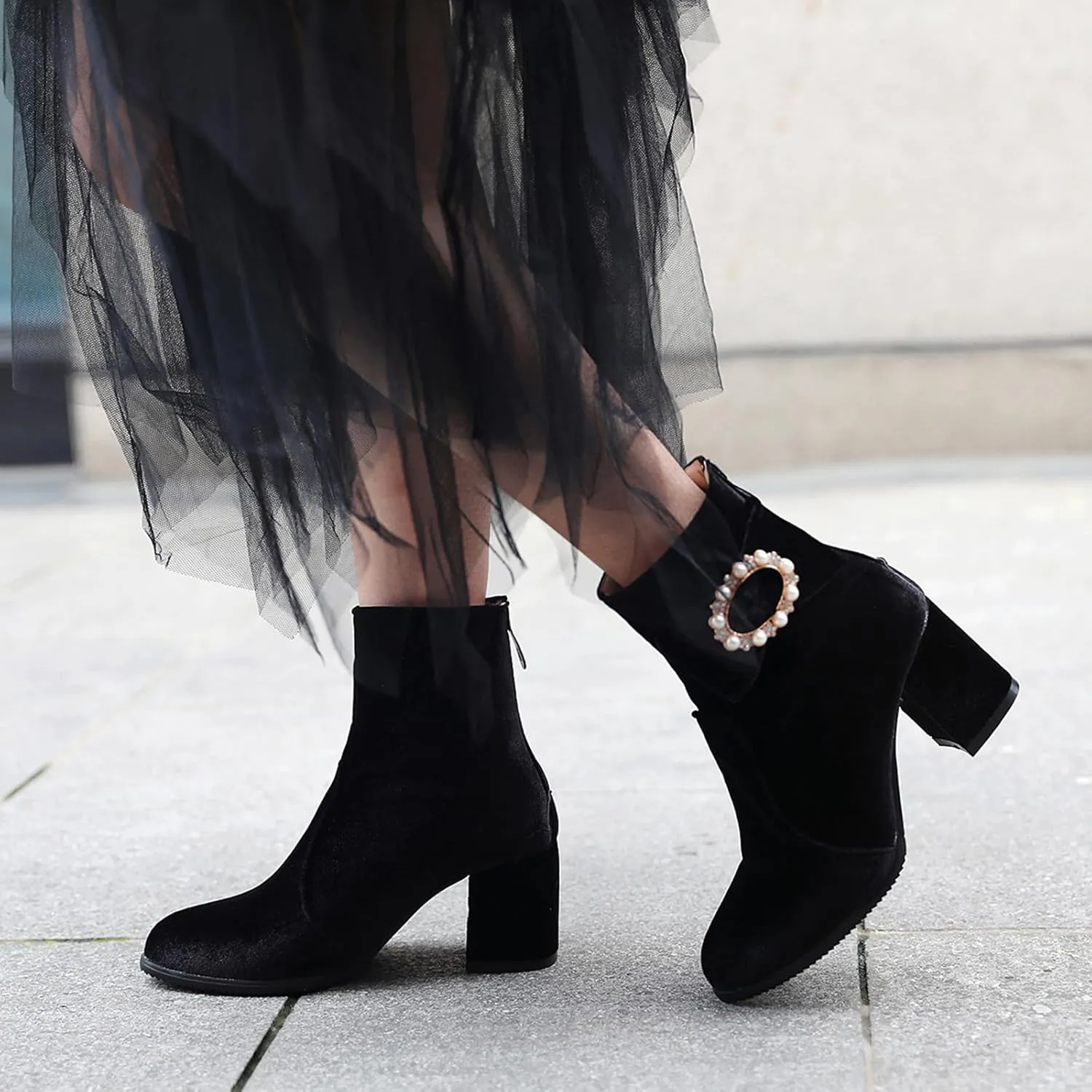 Gicoiz Women Round Toe Block Heels Winter Chelsea Boots