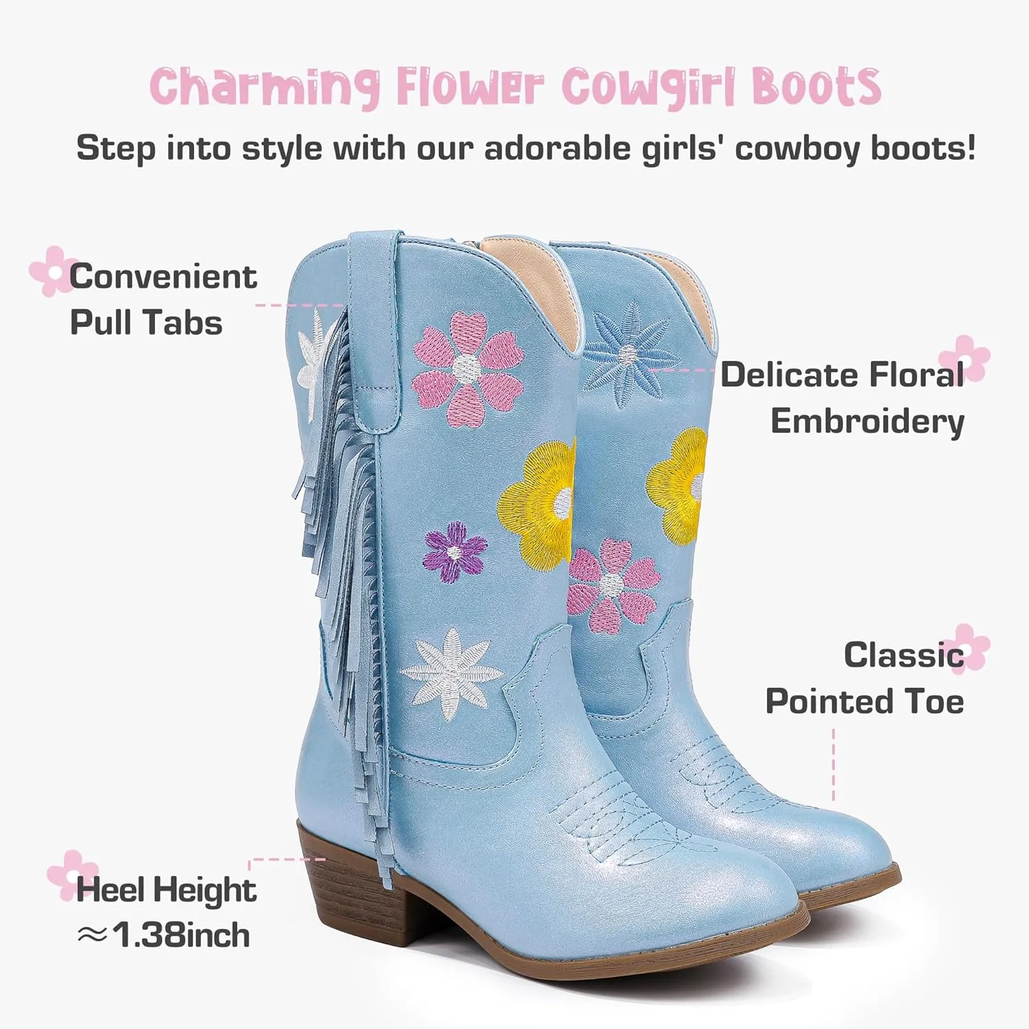 Girls Cowboy Boots Toddler Cowgirl Floral Embroidered Fringe Little Kids Western Boots Girl Riding Boot Birthday Party