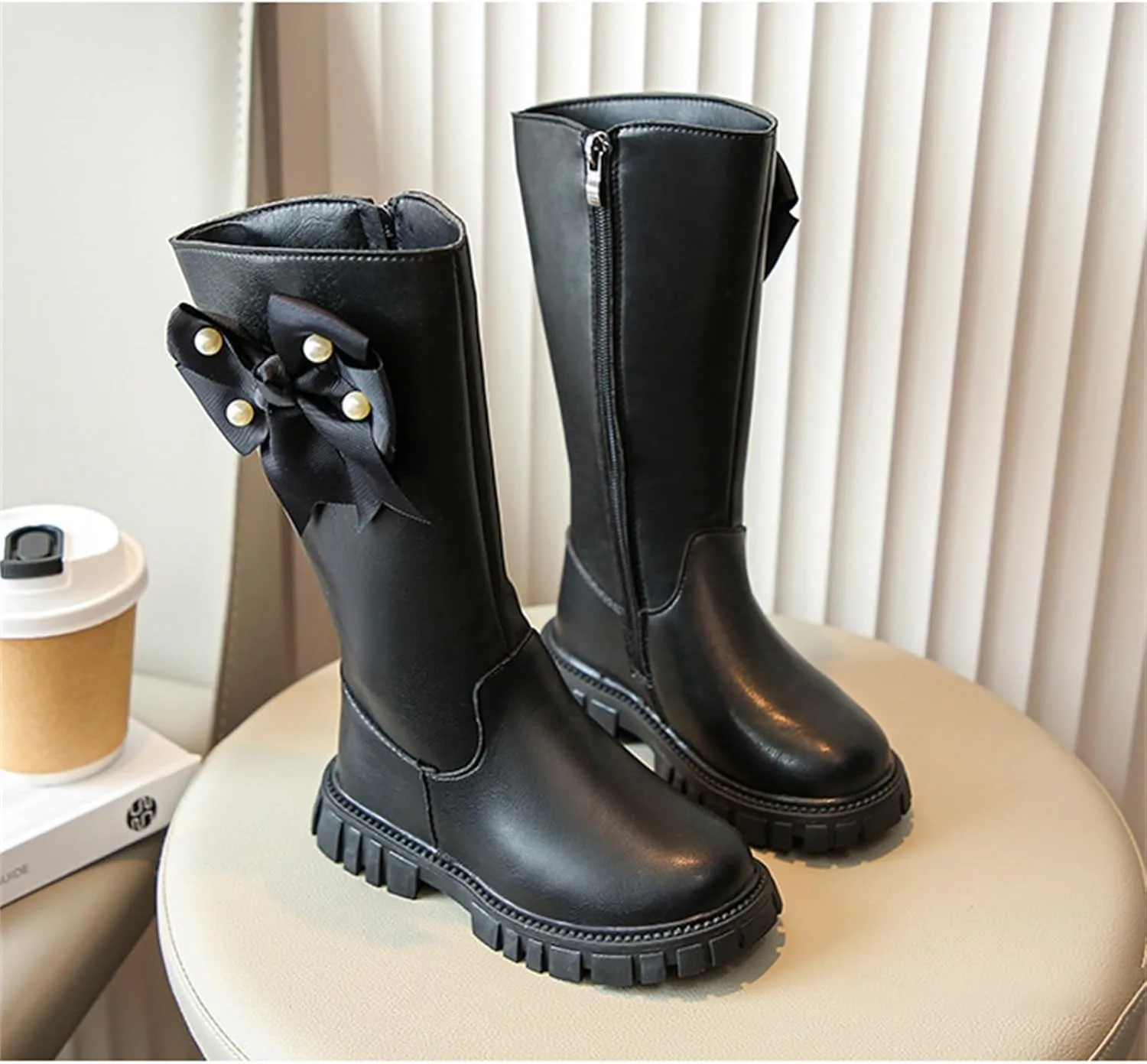 Girls Over The Knee Boots Big Kids Side Zipper Chunky Bottom Low Heels Thermal High Boots with Bowknot for Fall Winter