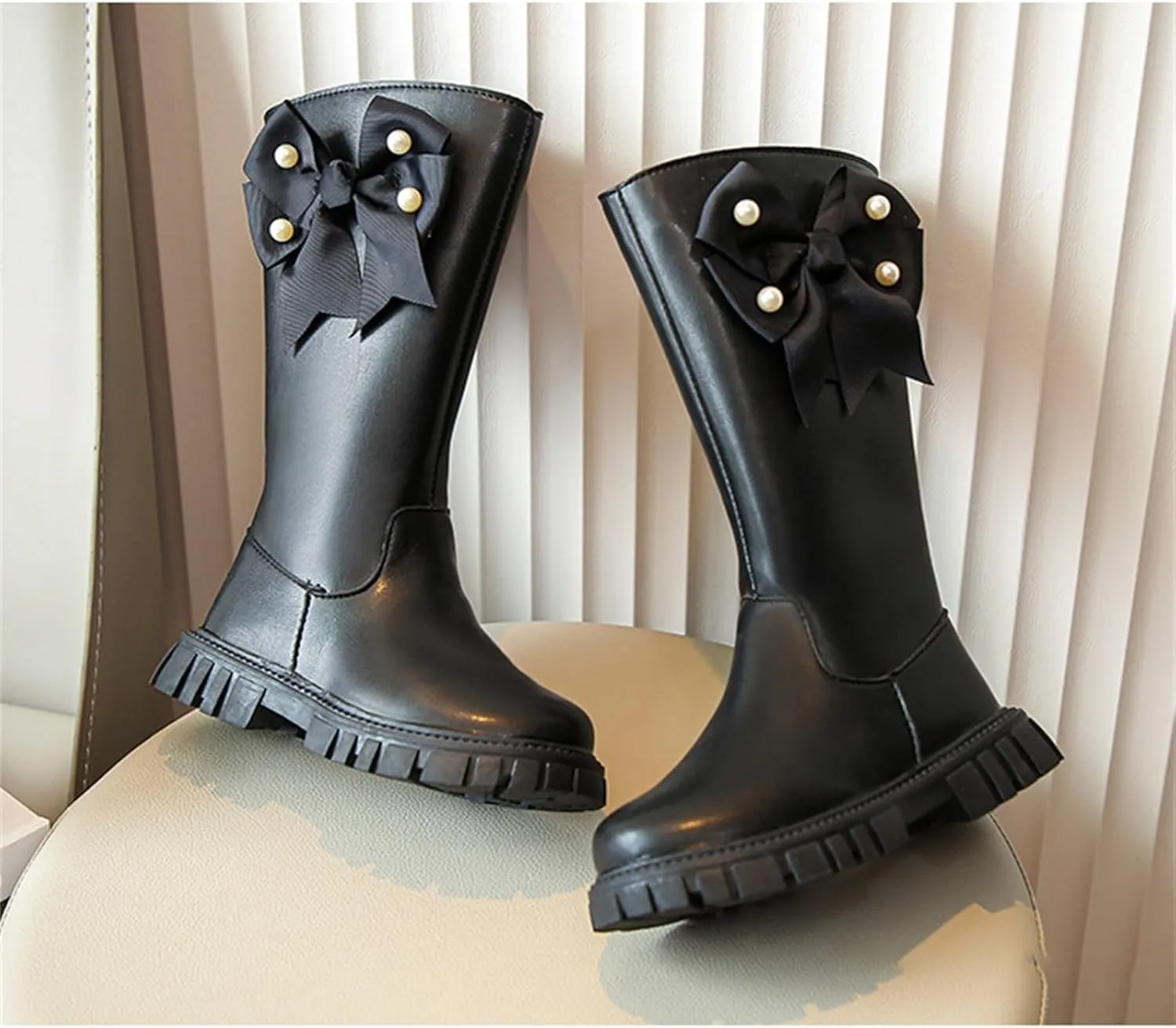 Girls Over The Knee Boots Big Kids Side Zipper Chunky Bottom Low Heels Thermal High Boots with Bowknot for Fall Winter