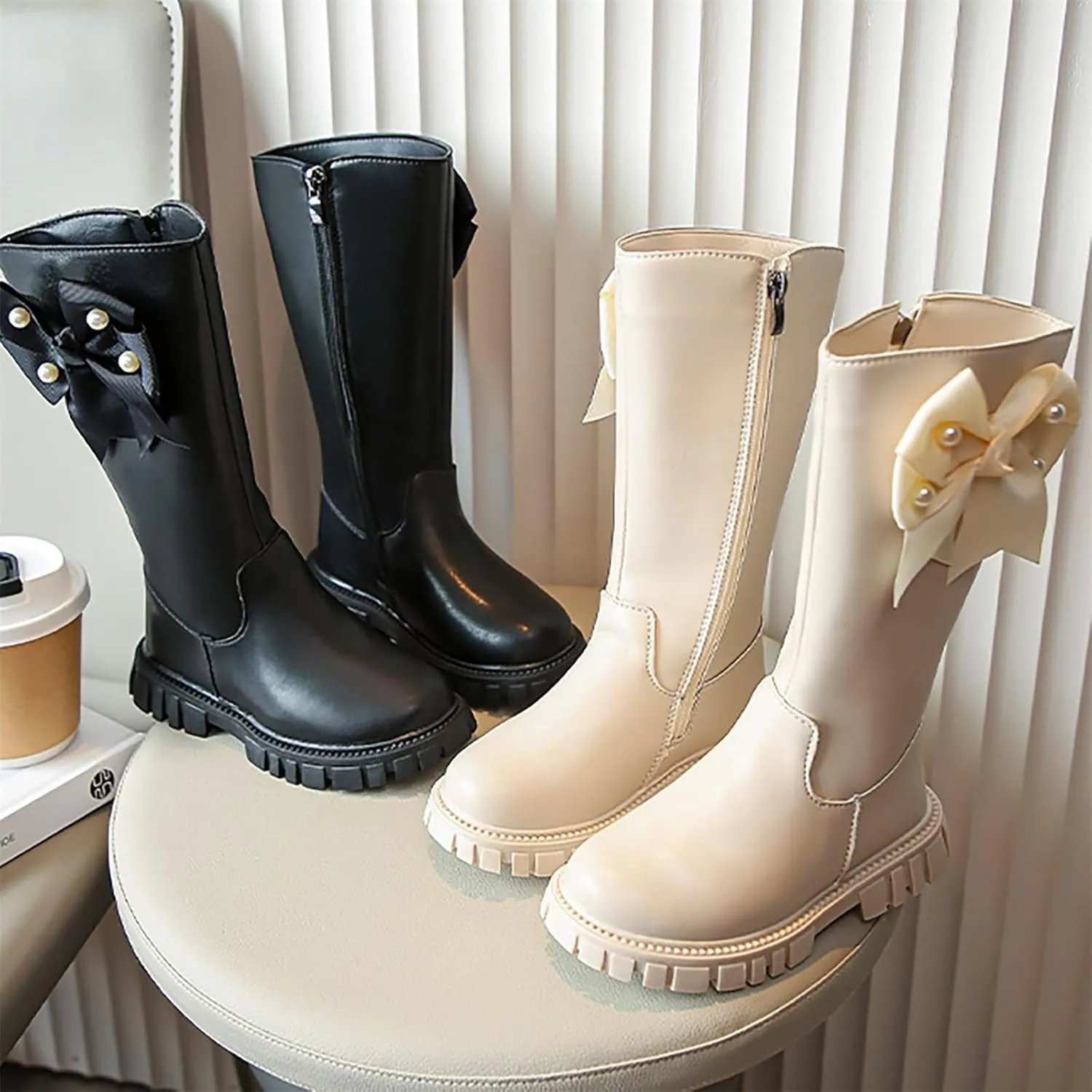 Girls Over The Knee Boots Big Kids Side Zipper Chunky Bottom Low Heels Thermal High Boots with Bowknot for Fall Winter