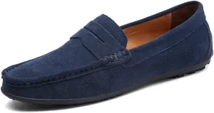HOOENG Driving Moccasins Loafer Shoes for Men Genuine Leather Round Toe Stitching Details Suede Vamp Rubber Sole Penny Loafer Lightweight Anti-Slip Outdoor (Color : Dark Blue, Size : 8.5)