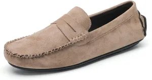 HOOENG Driving Moccasins Loafer Shoes for Men Genuine Leather Round Toe Suede Vamp Penny Loafer Flat Heel Lightweight Resistant Anti-Slip Flexible Driving