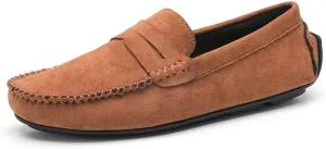 HOOENG Driving Moccasins Loafer Shoes for Men Genuine Leather Round Toe Suede Vamp Penny Loafer Flat Heel Lightweight Resistant Anti-Slip Flexible Driving