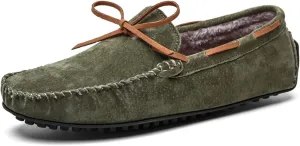 HOOENG Loafer Shoes for Men Deck Shoes Design Suede Vamp Stitching Details Faux Fur Lined Option Flat Heel Comfortable Flexible Resistant Walking Slip on (Color : Dark Green Lined, Size : 8)