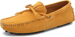 HOOENG Shoes Smoking Loafer for Men Boat Shoes Genuine Leather Stitching Details Round Toe Suede Vamp Lightweight Flat Heel Flexible Anti-Slip Casual (Color : Yellow, Size : 6.5)