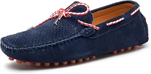 HOOENG Shoes Smoking Loafer for Men PU Suede Vamp Deck Shoes Design 1-Eye Perforated Option Breathable Comfortable Flat Heel Soft Flexible Resistant Casual (Color : Navy Perforated, Size : 7.5)