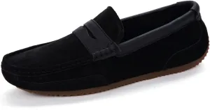 HOOENG Smoking Loafer for Men Suede Vamp Genuine Leather Stitching Details Round Toe Penny Loafer Soft Flat Heel Comfortable Walking Slip on (Color : Black, Size : 7.5 M US)