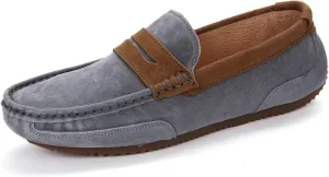 HOOENG Smoking Loafer for Men Suede Vamp Genuine Leather Stitching Details Round Toe Penny Loafer Soft Flat Heel Comfortable Walking Slip on (Color : Grey, Size : 7.5)