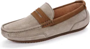 HOOENG Smoking Loafer for Men Suede Vamp Genuine Leather Stitching Details Round Toe Penny Loafer Soft Flat Heel Comfortable Walking Slip on (Color : Khaki, Size : 8)