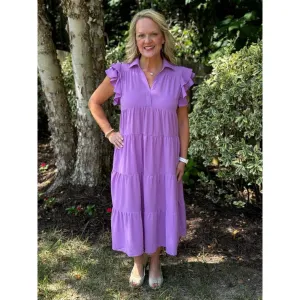 Kendall Split V-Neck Tiered Midi Dress - Lavender