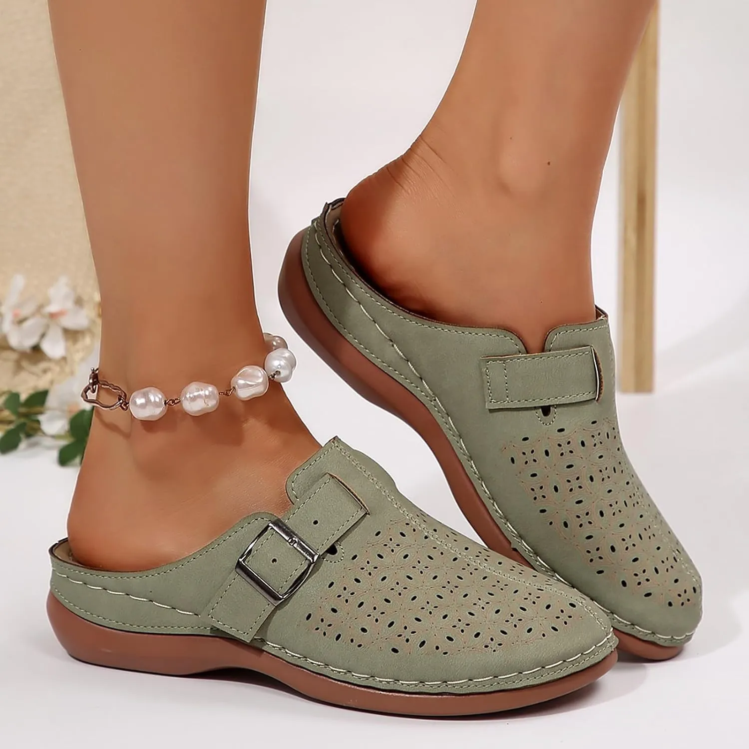 Kubbon Mules for Women Comfort Closed Toe Sandals Dressy Summer Closed Toe Mules Summer Slip on Wedge with Adjustable Hook Loop Arch Support Sandals