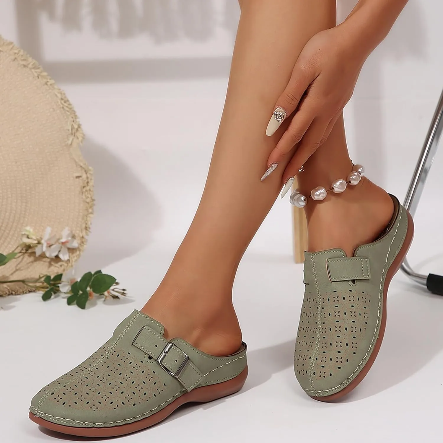 Kubbon Mules for Women Comfort Closed Toe Sandals Dressy Summer Closed Toe Mules Summer Slip on Wedge with Adjustable Hook Loop Arch Support Sandals