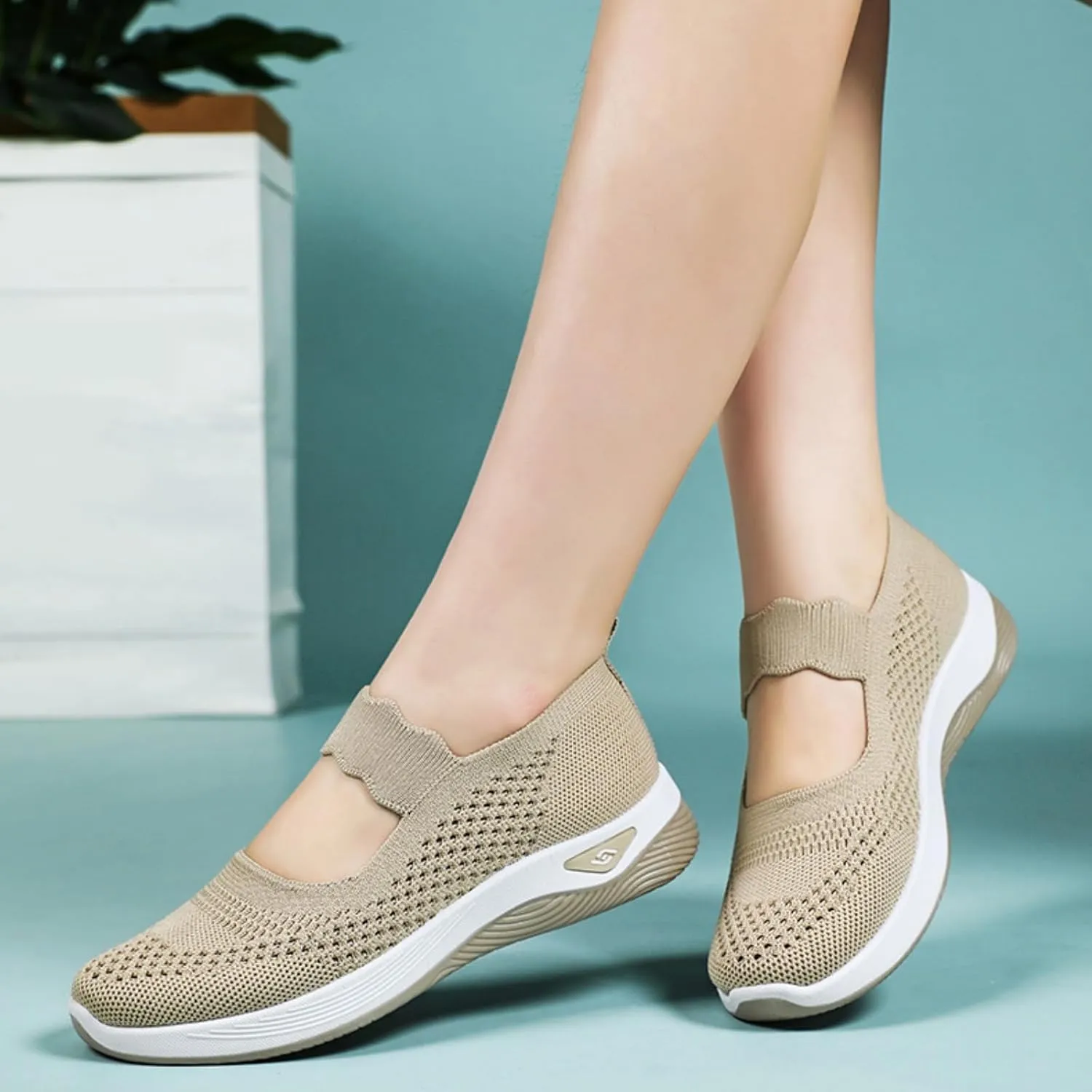 Kubbon Women Footwear Orthopedic Sneakers Woven Breathable Slip On Arch Support Walking Shoes Anti-Skid Sports Shoes Casual Running Diabetic Foam Sneakers