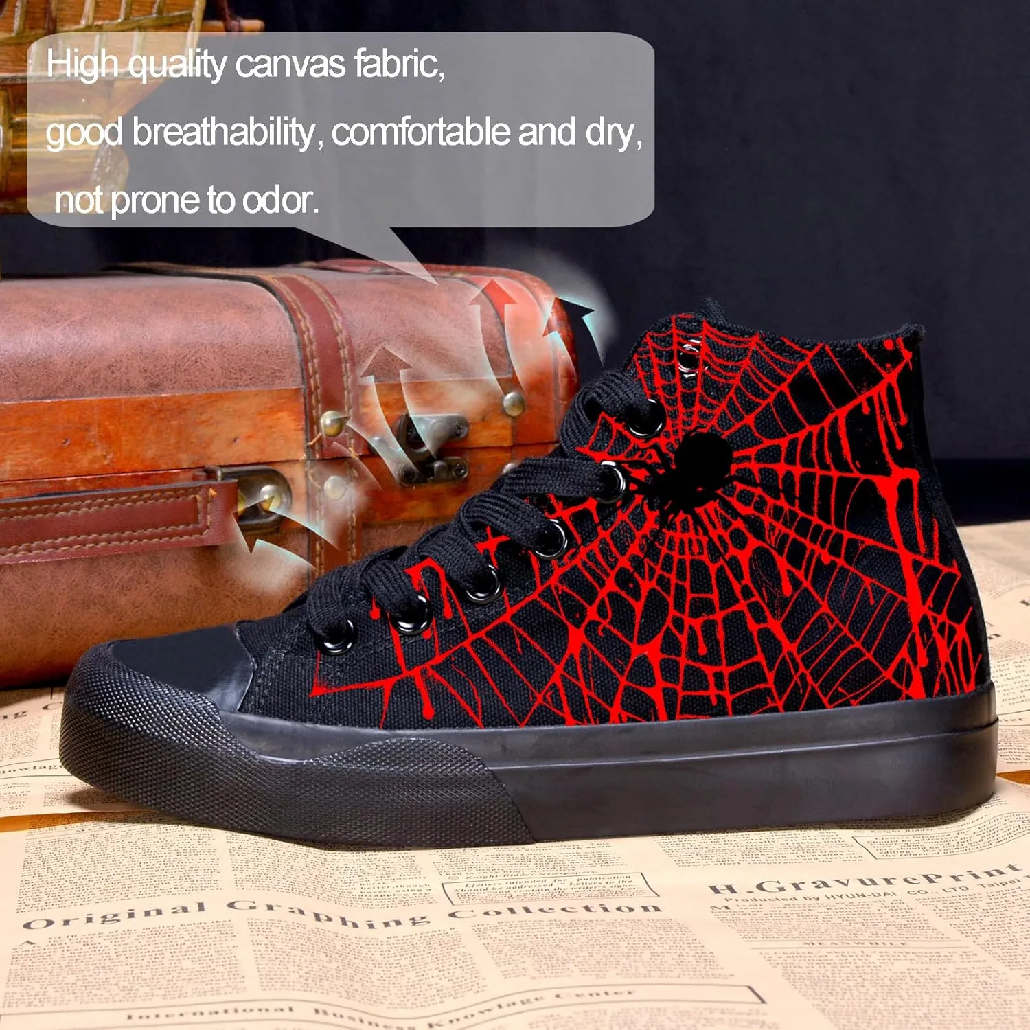 Men Canvas High Top Spider Web Sneakers Black Classic Lace up Shoes for Women Street Casual Tennis Shoes
