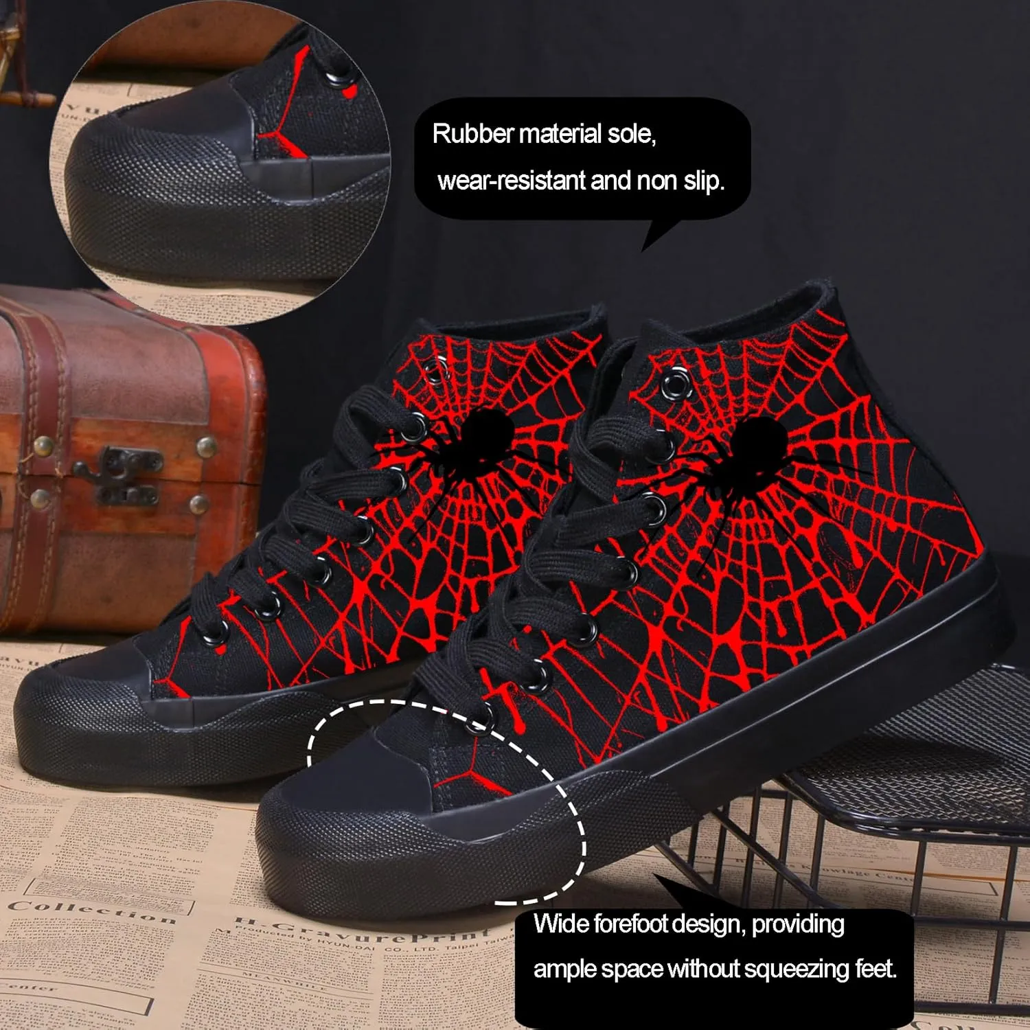 Men Canvas High Top Spider Web Sneakers Black Classic Lace up Shoes for Women Street Casual Tennis Shoes